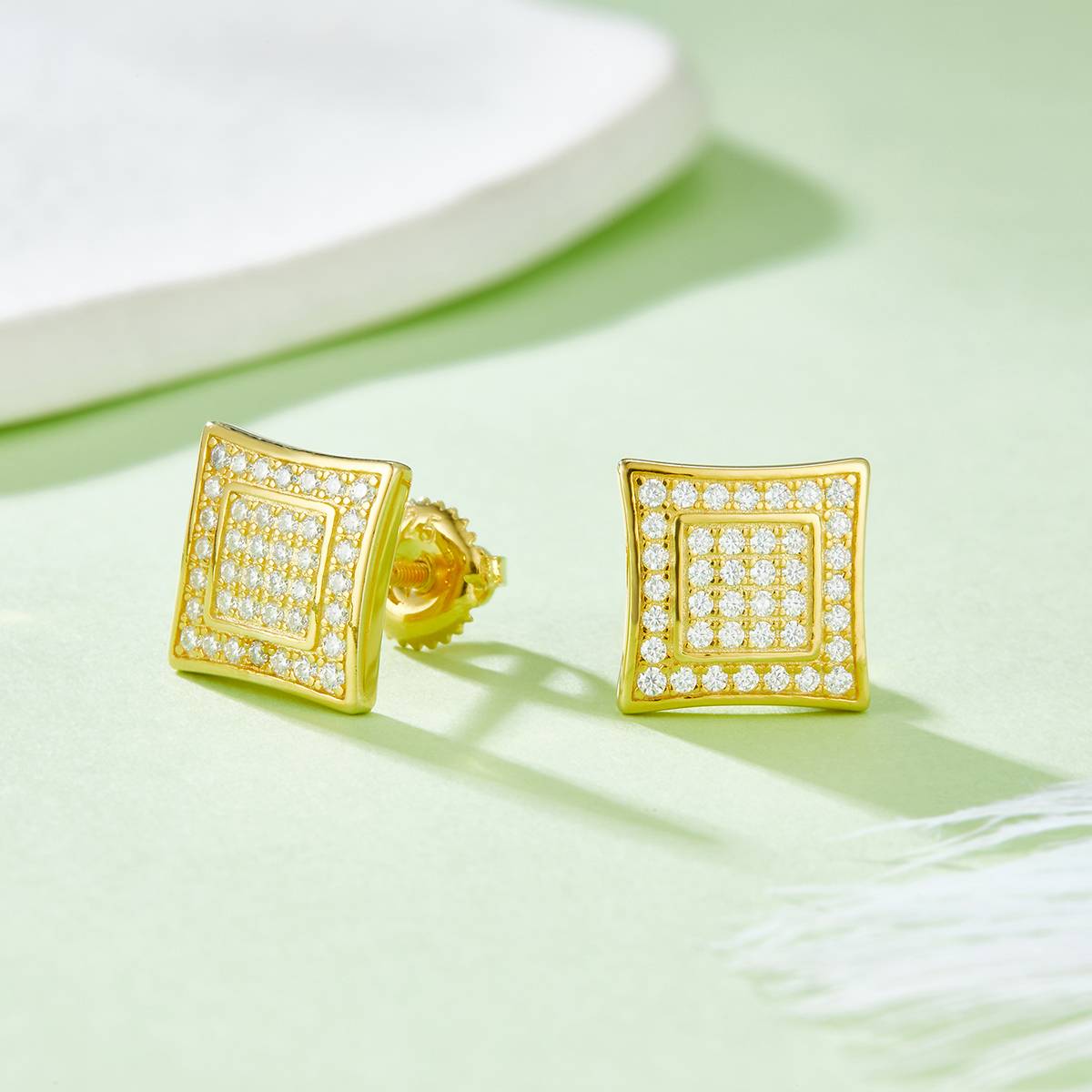 方形双环S925银耳钉带螺纹莫桑钻厘石D级0.41CT